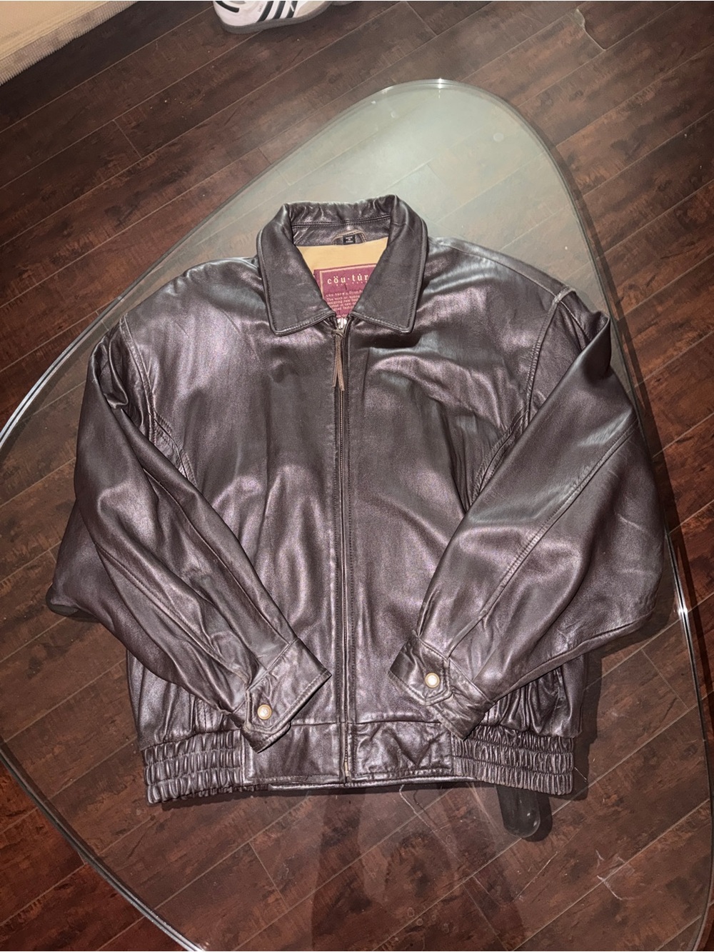 Men's Dark Brown Leather Bomber Jacket with Zip Front by